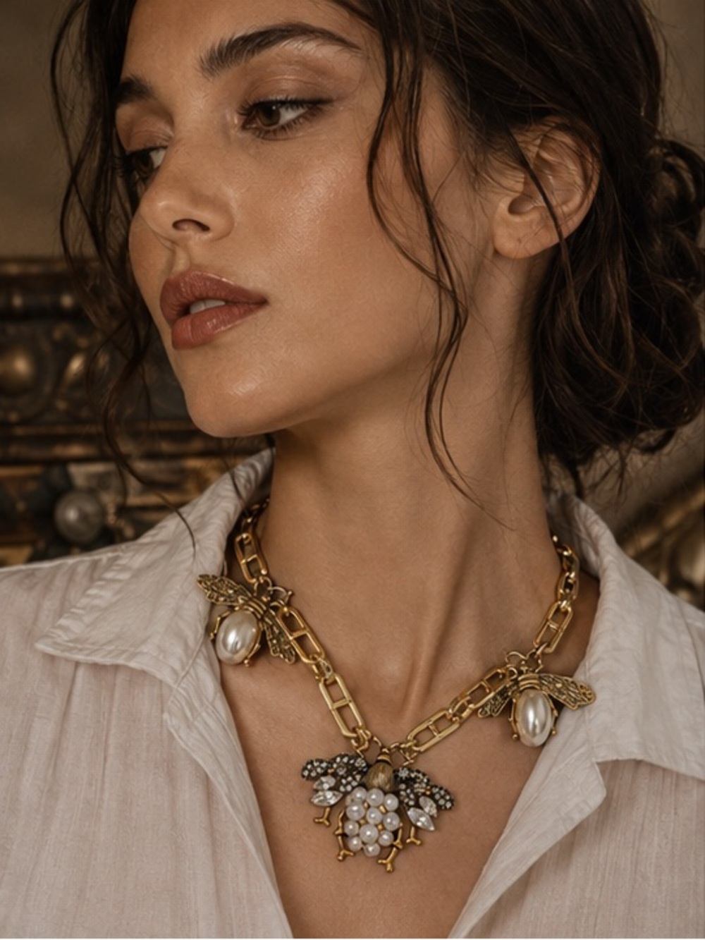 Heirloom Gold Bee Necklace with Pearl and Crystal Embellishment